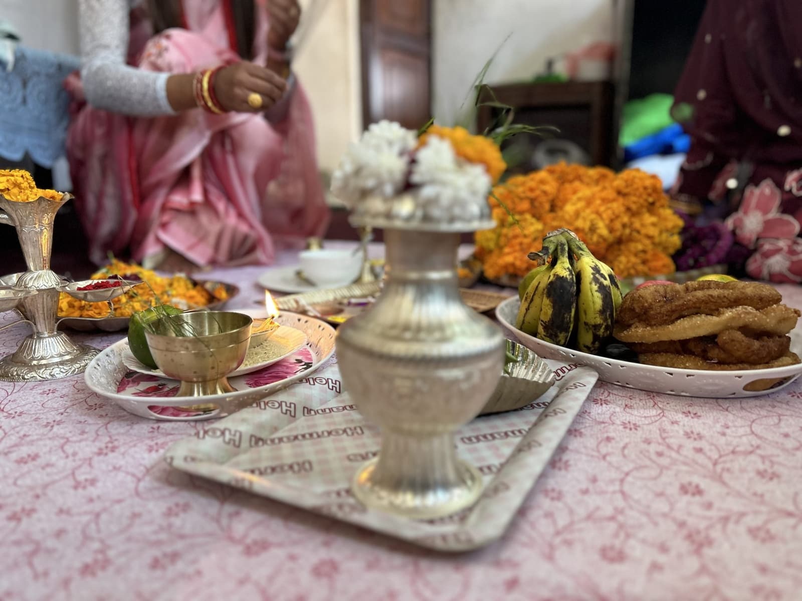 A Bhai Tika thali with flowers and sweets